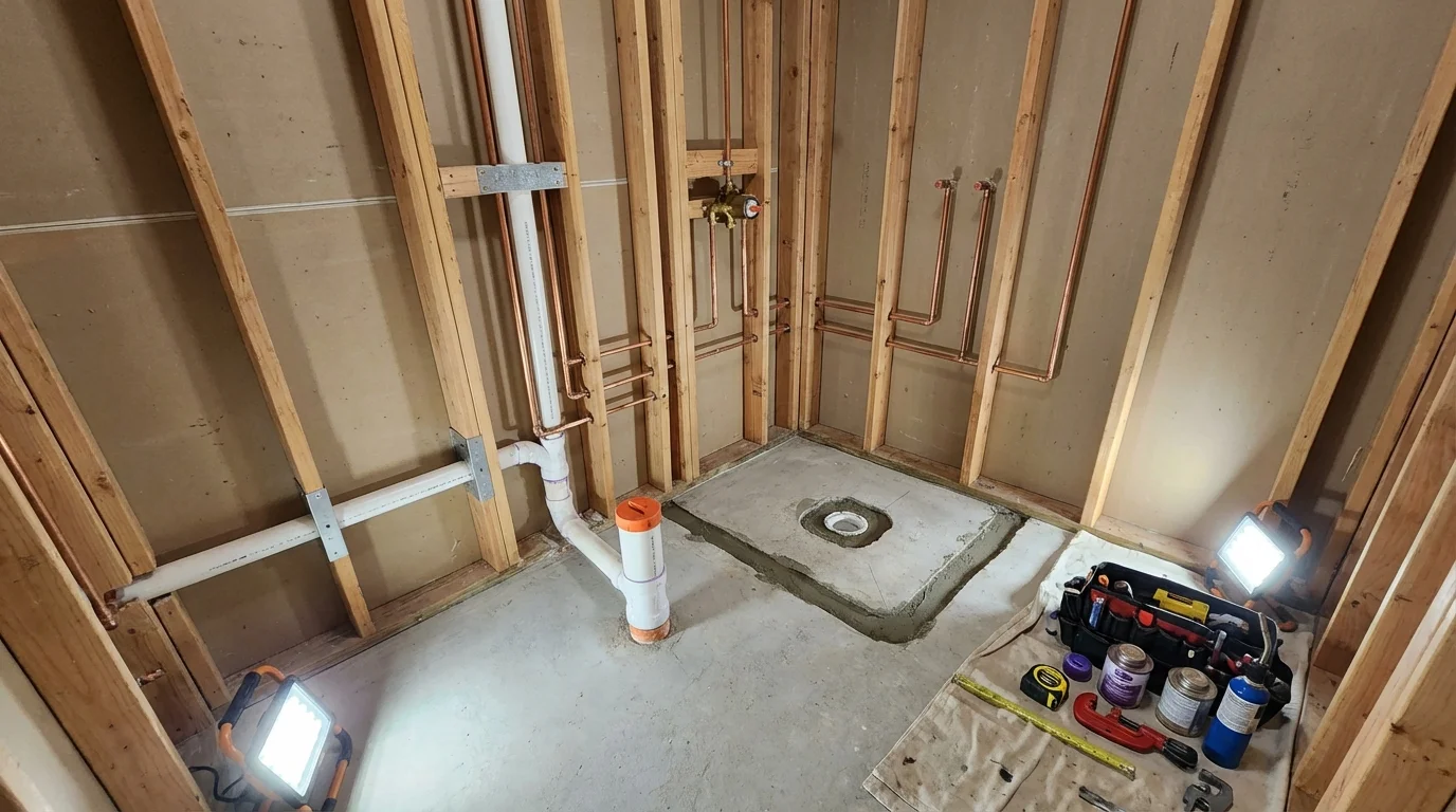 Bathroom rough-in plumbing during remodel by Johns Plumbing LLC in Southlake