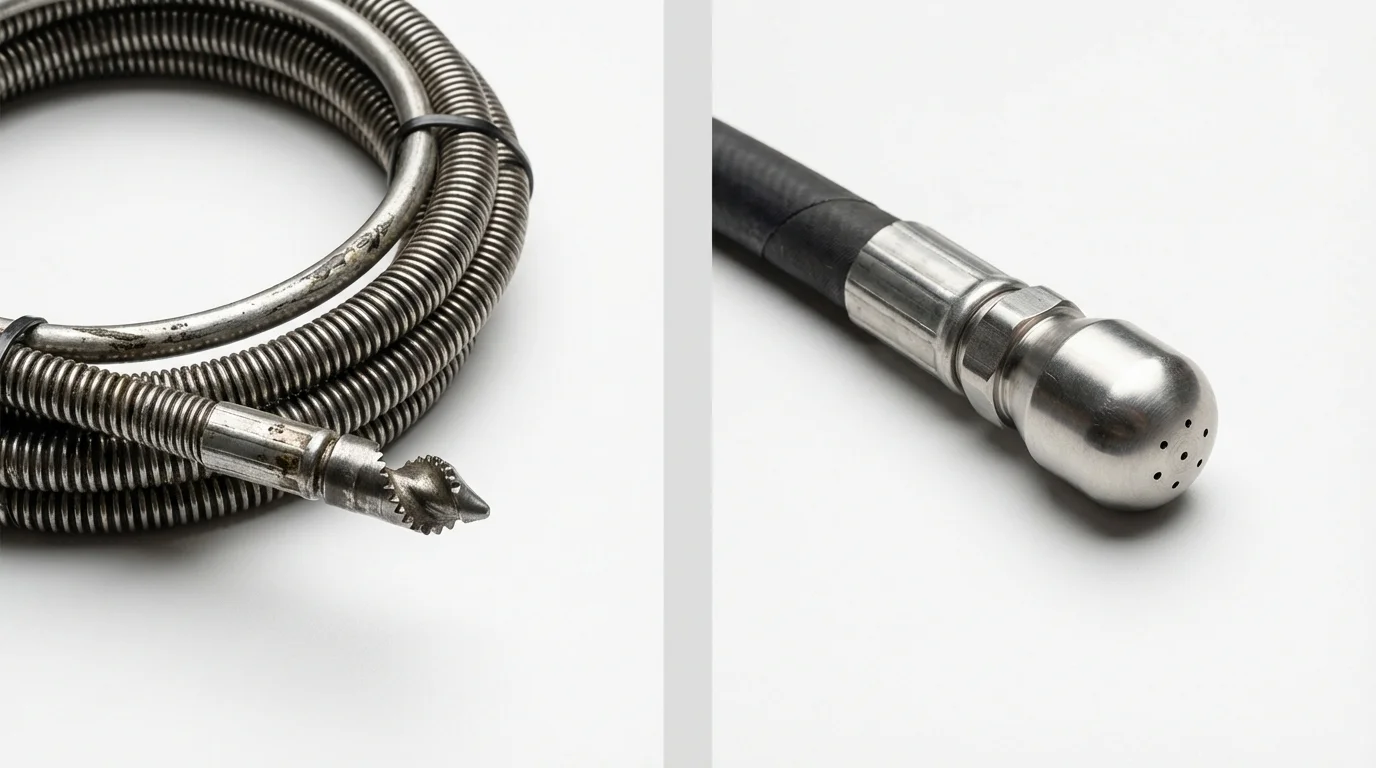 Drain snake cable and hydro jetting nozzle used for drain cleaning in Southlake, TX