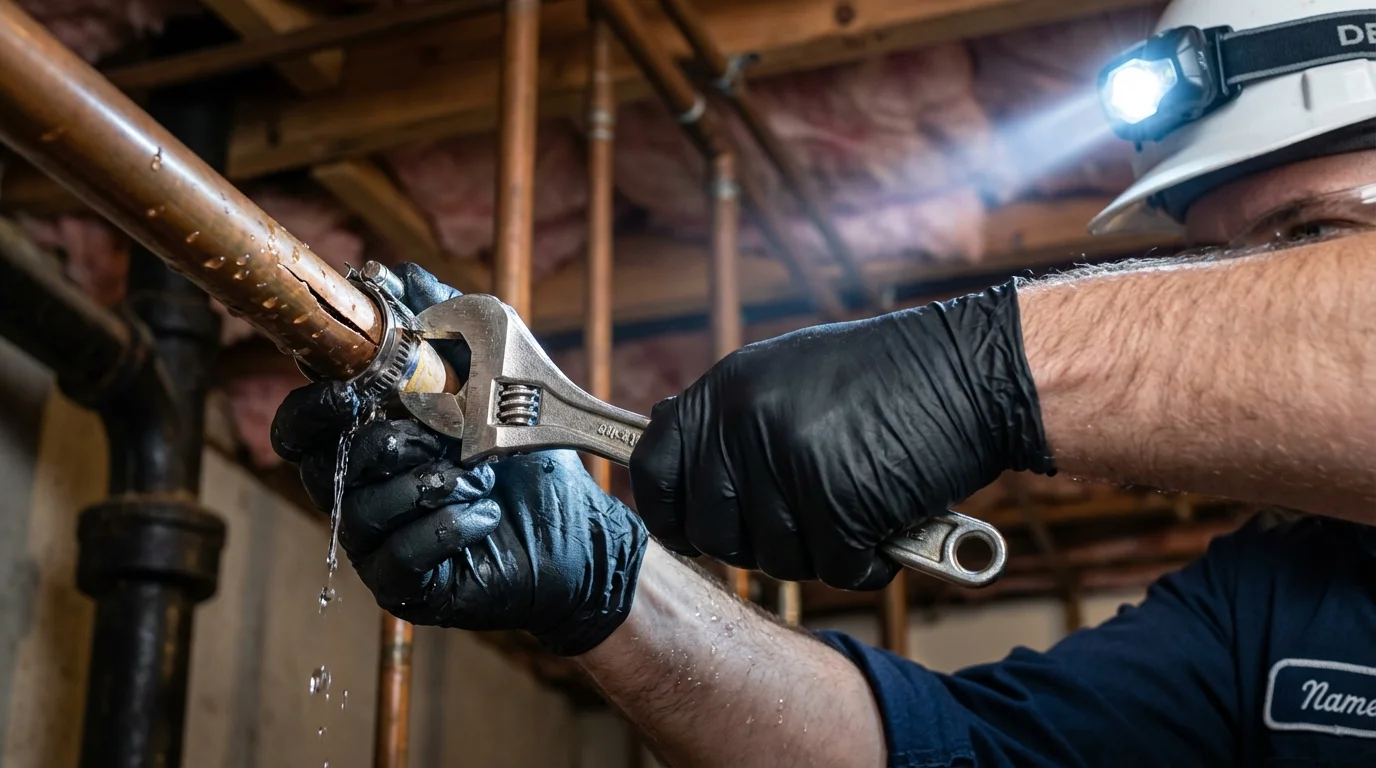 Emergency pipe clamp repair being performed by a Johns Plumbing LLC plumber in Southlake